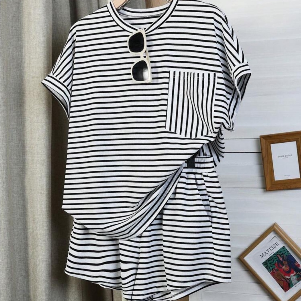 Black and White Striped T-Shirt and Shorts Set